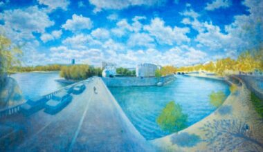 a painting by clio sze to of a wide landscape with a road, walkway, and water