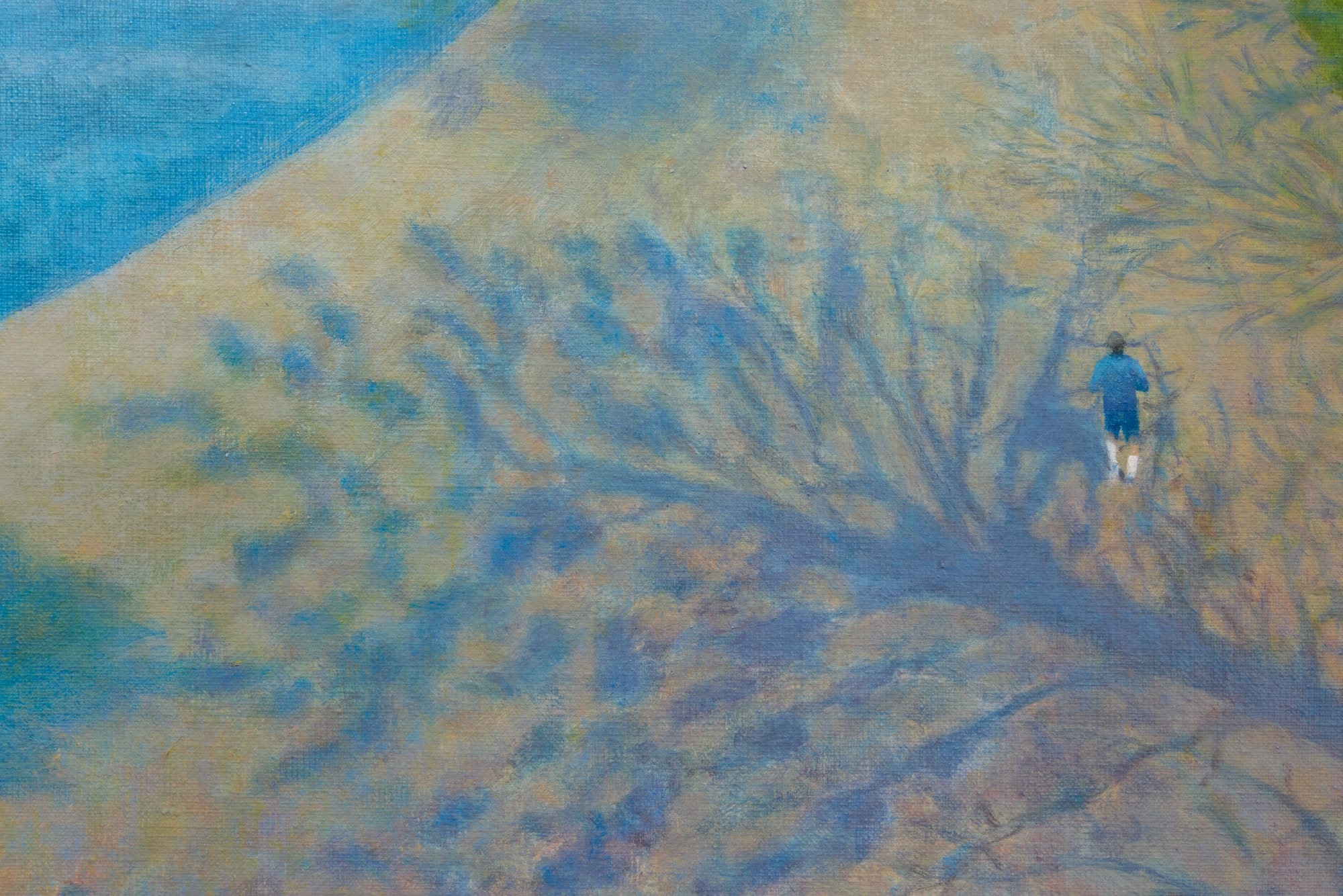a detail of a painting by clio sze to of a tree's shadow and a person walking among it