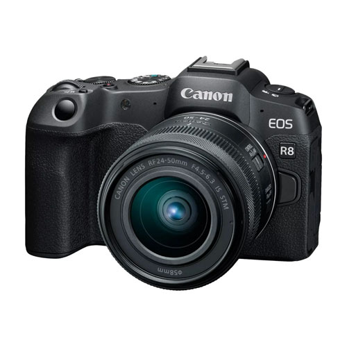 The Canon EOS R8 with RF 24-50mm f/4.5-6.3 IS USM lens attached on a white background.