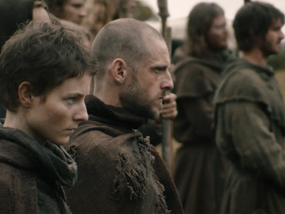 L to R: Thomas McKenzie as Alyce, Jamie Bell as John Ball and Andrew Garfield as Ploughman in The Uprising, a new film by Paul Greengrass