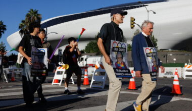 Fair Games Coalition protests Lucas Museum ahead of the Olympics