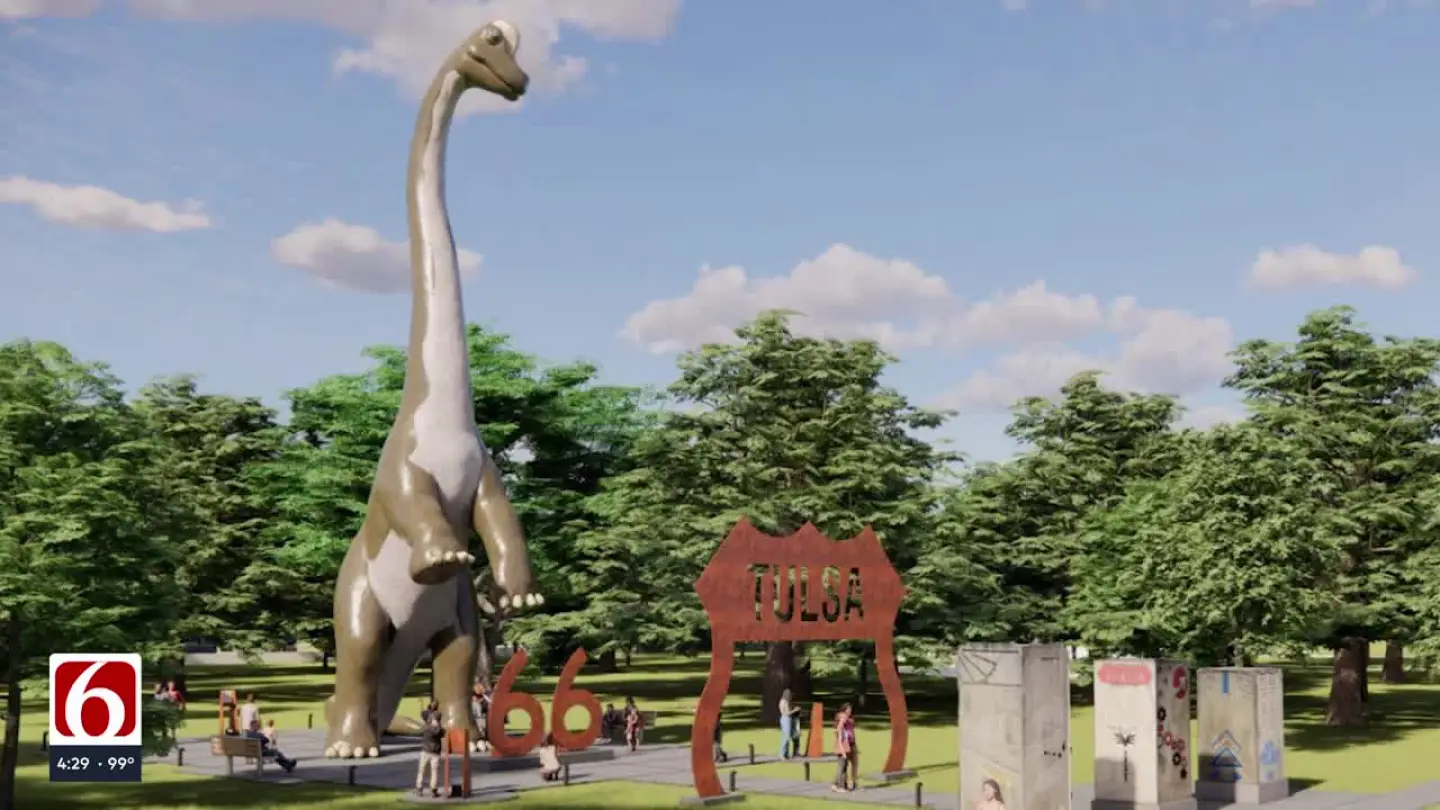 First pieces of 66-foot-tall dinosaur statue arrive in Tulsa, construction to start soon