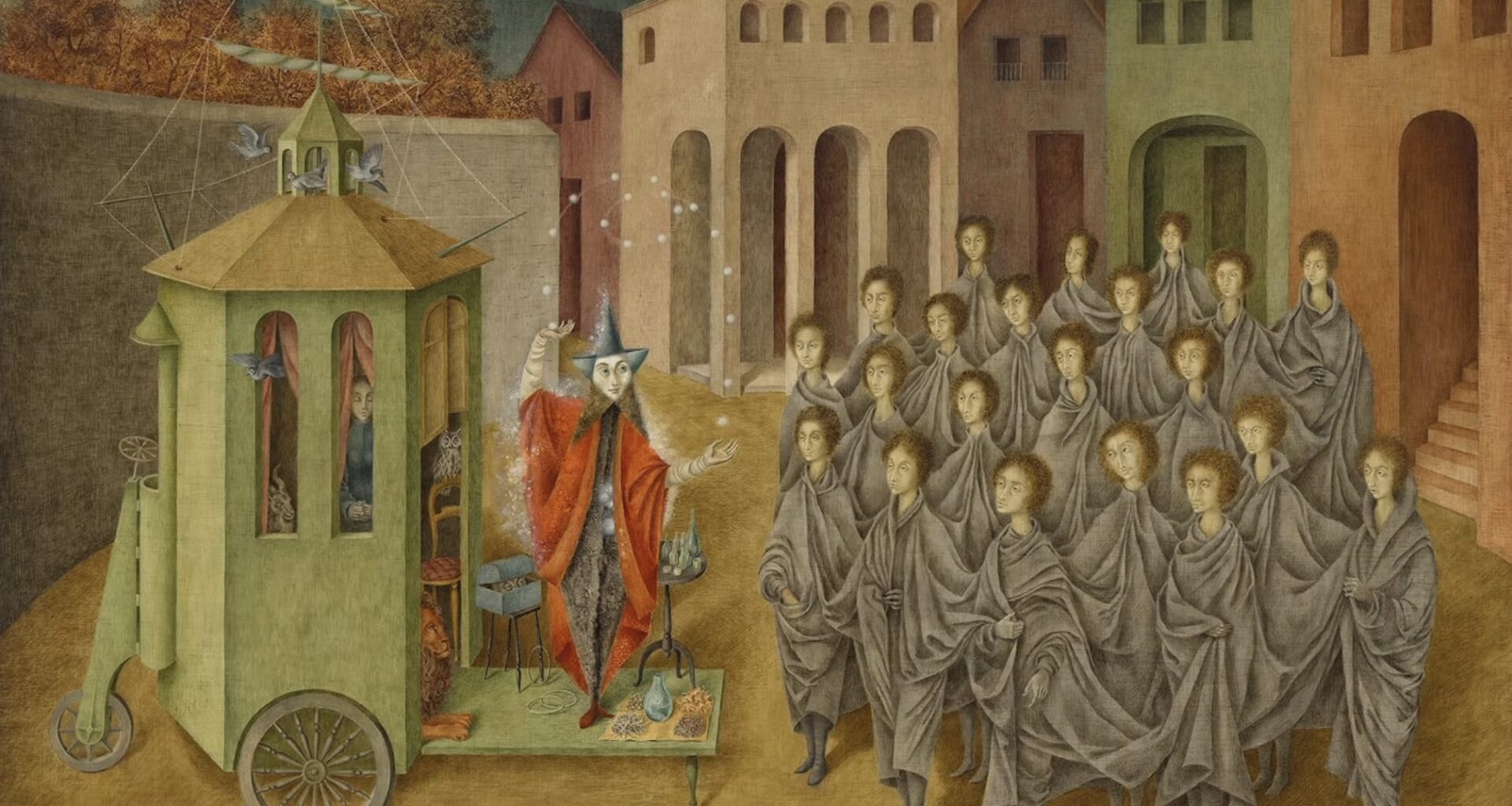 a screenshot of a surreal architectural painting by remedios varo with a group of people being instructed by a wizard like figure