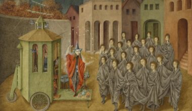 a screenshot of a surreal architectural painting by remedios varo with a group of people being instructed by a wizard like figure