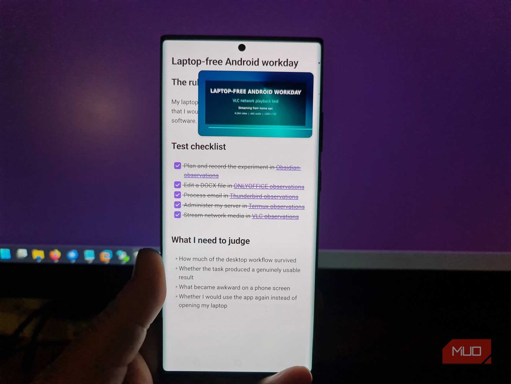 VLC playing a network video in picture-in-picture mode above an Obsidian project note on Android.