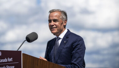 Canadian Prime Minister Mark Carney speaks about the trade dispute with the United States at the Davie Shipyard in Levis, Quebec, Canada on August 24, 2026. The administration of US President Donald Trump warned on August 23 that Canada would be "foolish" to think it could win a trade war with the United States, predicting a "devastating" impact on its northern neighbor. Negotiations between Washington and Ottawa broke down late August 22, putting into force new 50-percent US tariffs impacting about $20 billion worth of Canadian goods, or 5.5 percent of Canadian exports to the US. Canada in retaliation said it would match US tariffs, with new levies notably targeting the US steel and dairy industries to take effect on September 8.