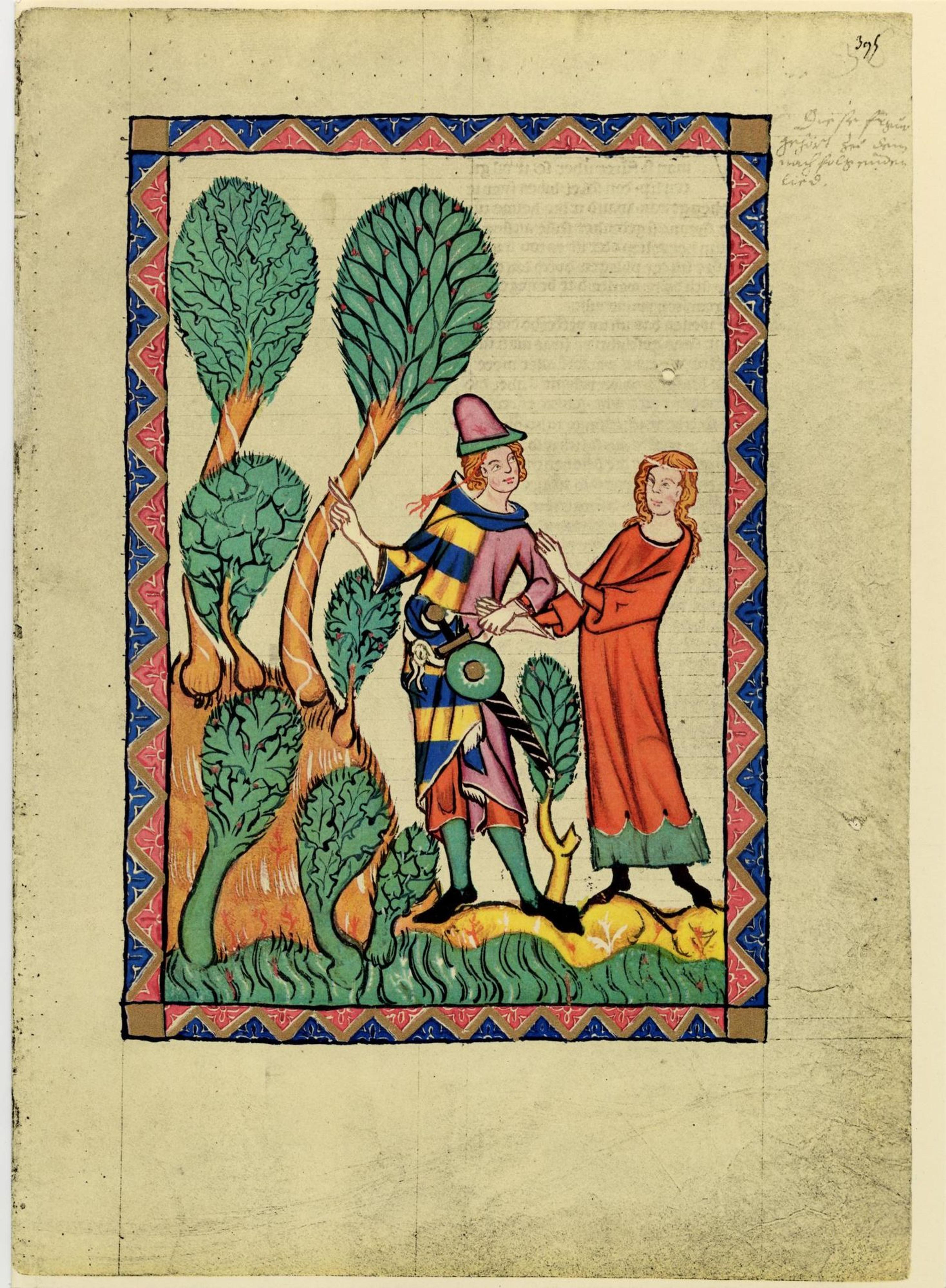 Medieval illustration of two figures in colourful attire standing among stylised trees with a decorative border.