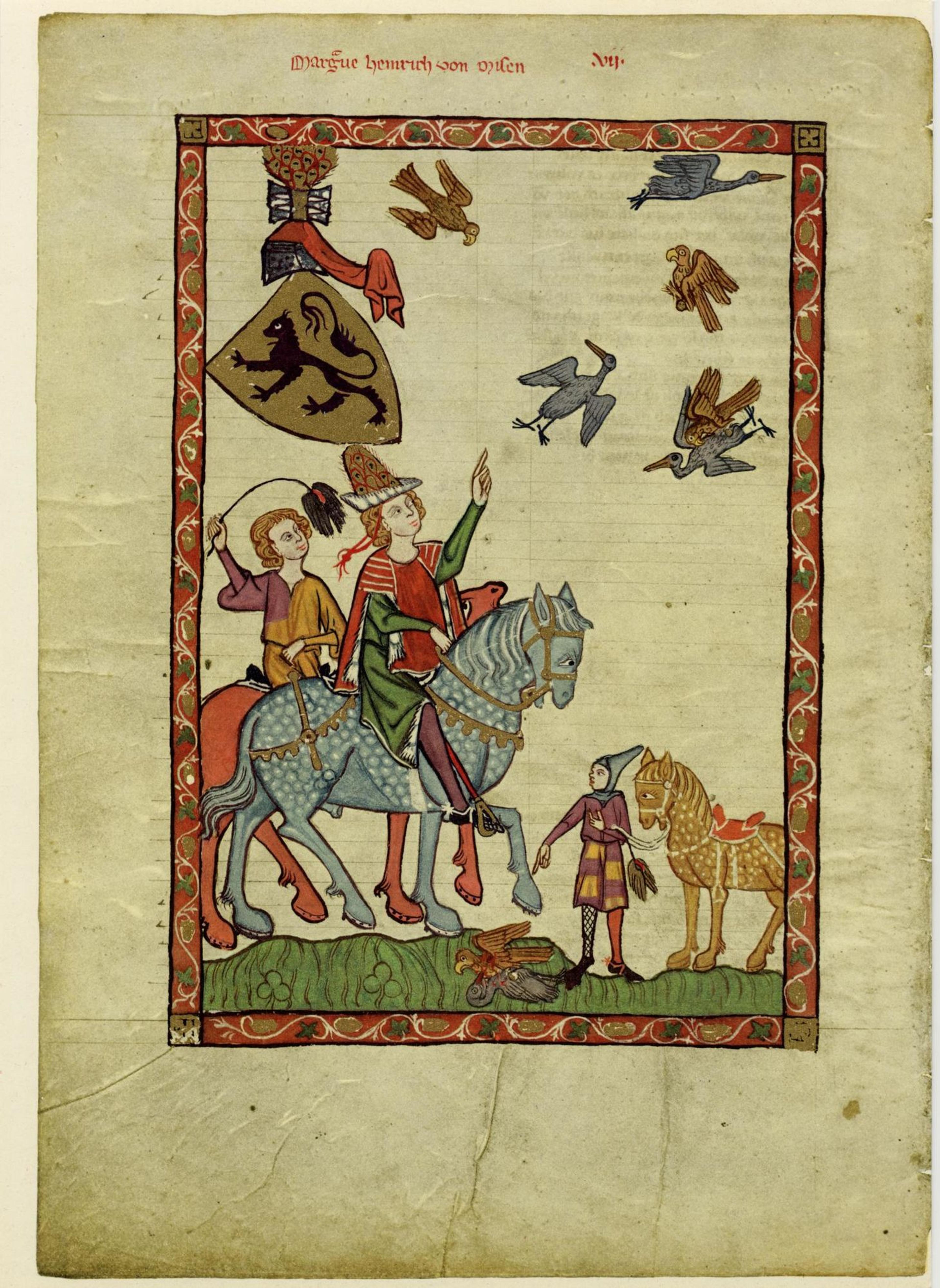 Medieval manuscript illustration of a nobleman on horseback pointing at flying birds, with a squire and a horse nearby.