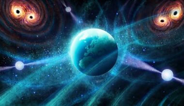 Illustration of merging black holes and their effect on pulsars and Earth. Credit: Daniëlle Futselaar (artsource.nl) / Max Planck Institute for Radio Astronomy