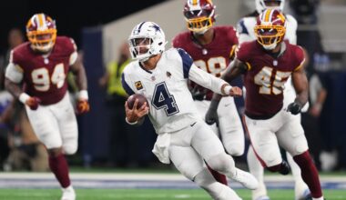Prescott throws 4 TD passes as Cowboys beat Commanders, who again lose Daniels to dislocated elbow