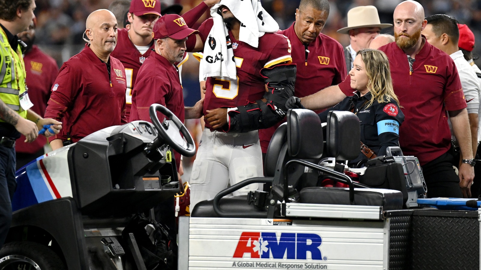 Commanders QB Jayden Daniels injures the same left elbow he dislocated last year