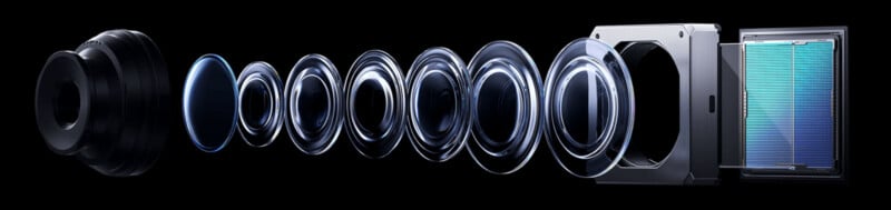 An exploded view of a camera lens assembly showing seven glass lens elements arranged in a row, leading to a square image sensor on the right.