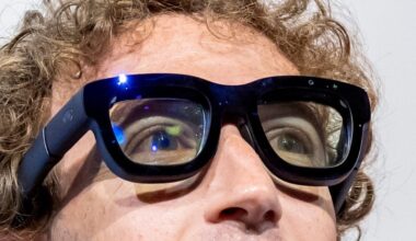 Mark Zuckerberg, chief executive officer of Meta Platforms Inc., wears Orion augmented reality (AR) glasses during the Meta Connect event in Menlo Park, California, US, on Wednesday, Sept. 25, 2024. Meta Platforms Inc. debuted its first pair of augmented reality glasses, devices that show a combined view of the digital and physical worlds, a key step in Chief Executive Officer Mark Zuckerberg's goal of one day offering a hands-free alternative to the smartphone. Photographer: David Paul Morris/Bloomberg via Getty Images