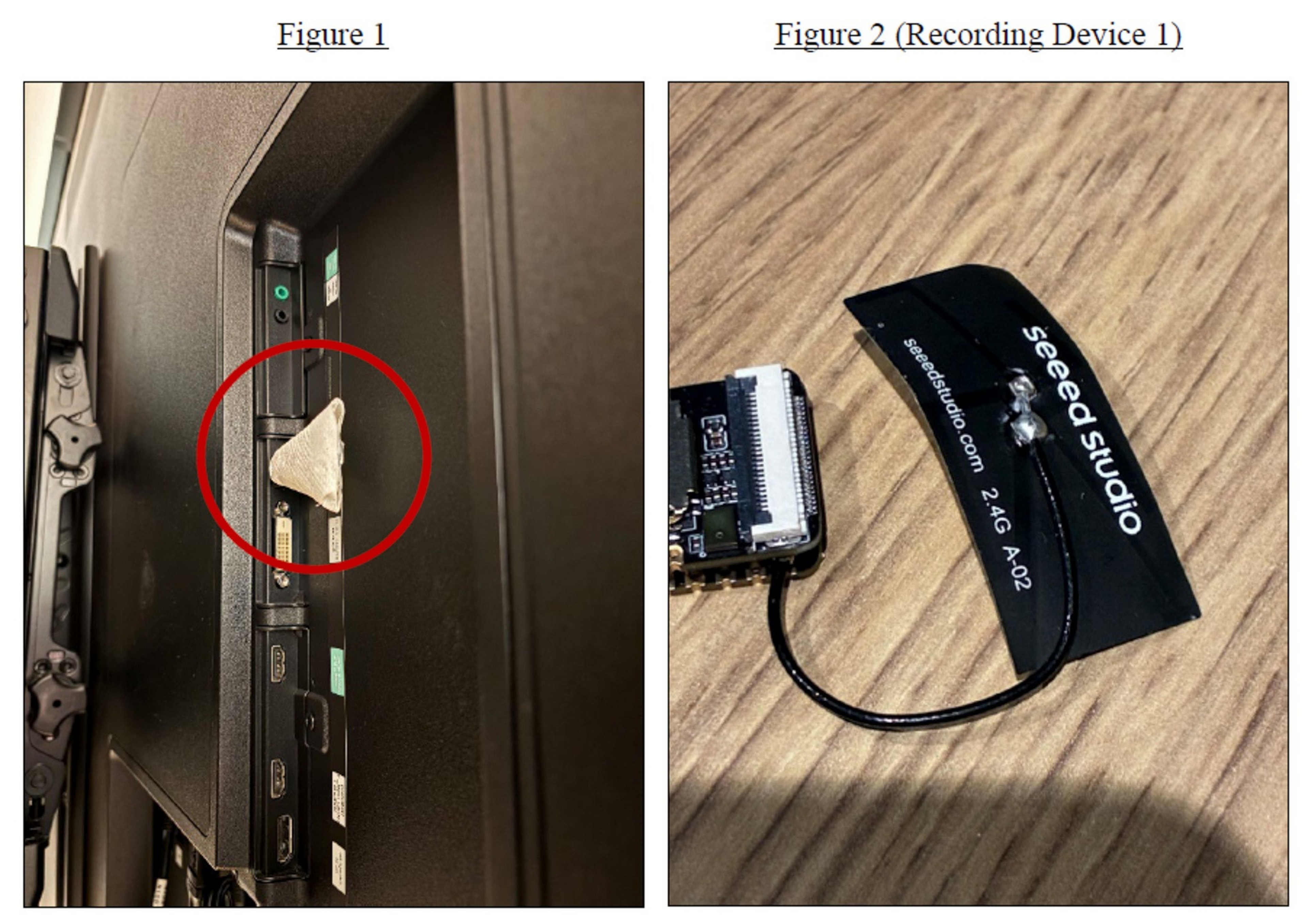 A small, triangular device is taped inside a TV’s side panel near the ports, and a close-up shows a black electronic component labeled “seeed studio.”
