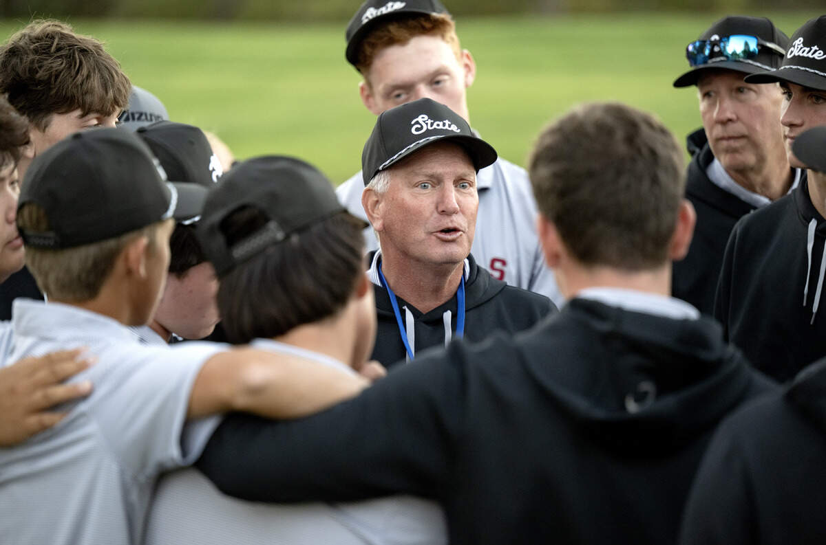 State College boys golf coach Greg Wilson talks to his players after they finished second in the PIAA Golf Team Championships on Wednesday, Oct. 21, 2026 at the Penn State Golf Course.