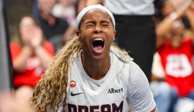 Atlanta, Georgia, USA; Atlanta Dream guard Jordin Canada (3) celebrates after a basket against the New York Liberty in the third quarter during game one of the second round for the 2026 WNBA Playoffs at State Farm Arena on October 4, 2026.