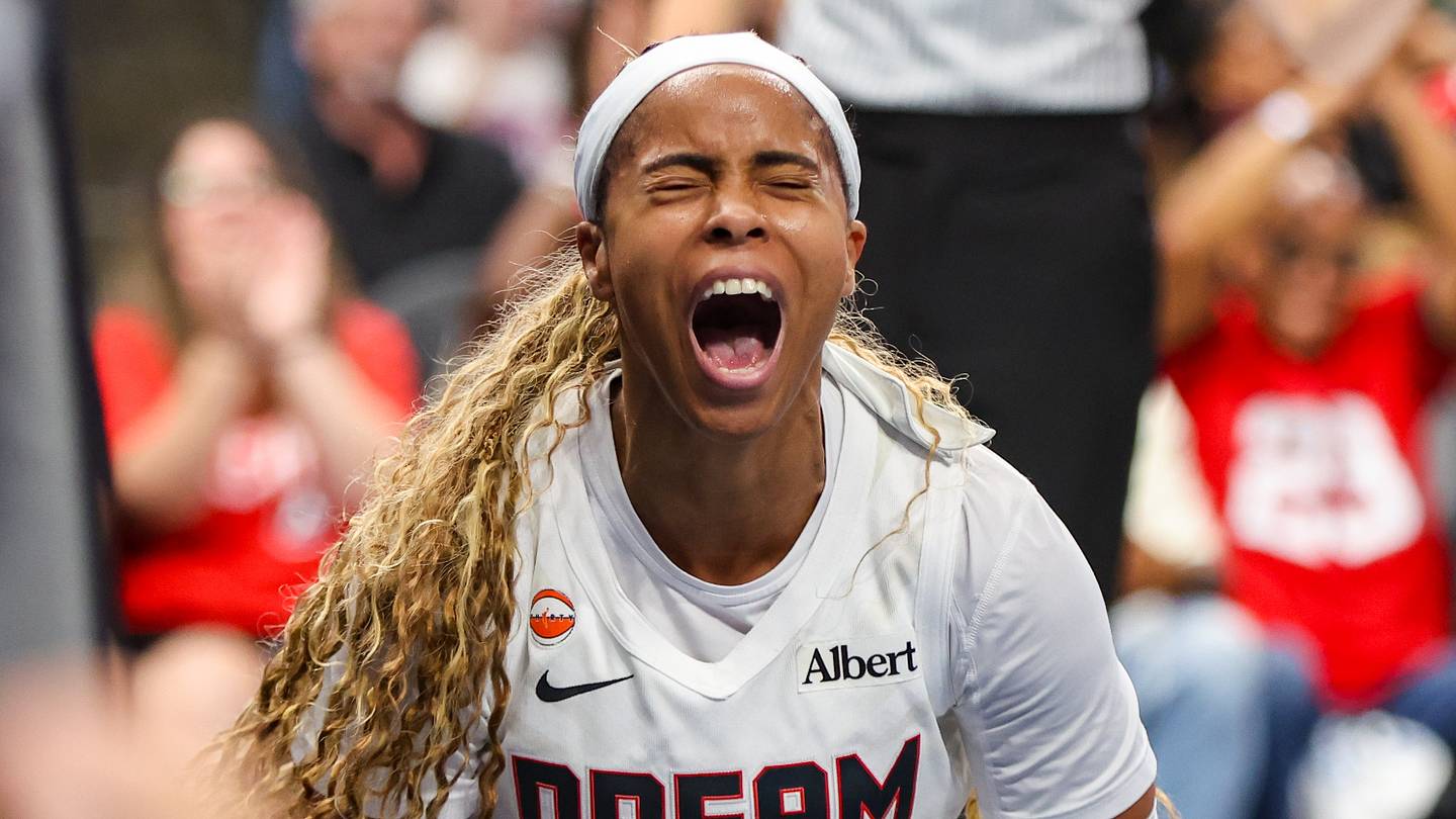 Atlanta, Georgia, USA; Atlanta Dream guard Jordin Canada (3) celebrates after a basket against the New York Liberty in the third quarter during game one of the second round for the 2026 WNBA Playoffs at State Farm Arena on October 4, 2026.