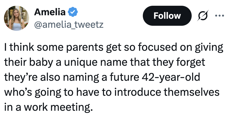 Tweet by user "Amelia": Criticizes parents choosing unique baby names, suggesting they consider future professional introductions