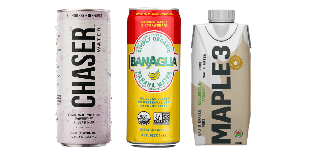 Chaser Water Elderberry + Bergamot, Banagua Simply Organic Strawberry & Banana Water and Maple3 Organic Maple Water Chaser Water Elderberry + Bergamot, Banagua Simply Organic Strawberry & Banana Water and Maple3 Organic Maple Water