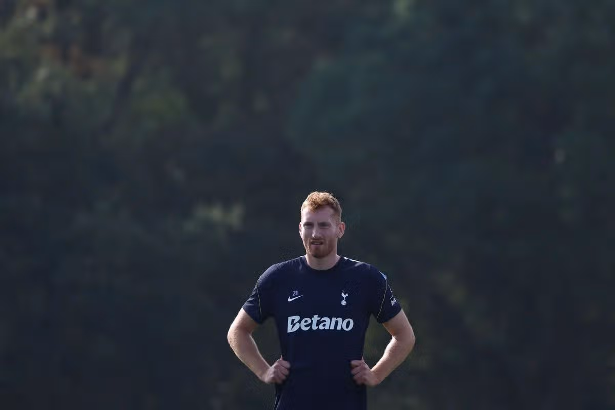 Tottenham attacker Dejan Kulusevski in action on the training pitches at Hotspur Way
