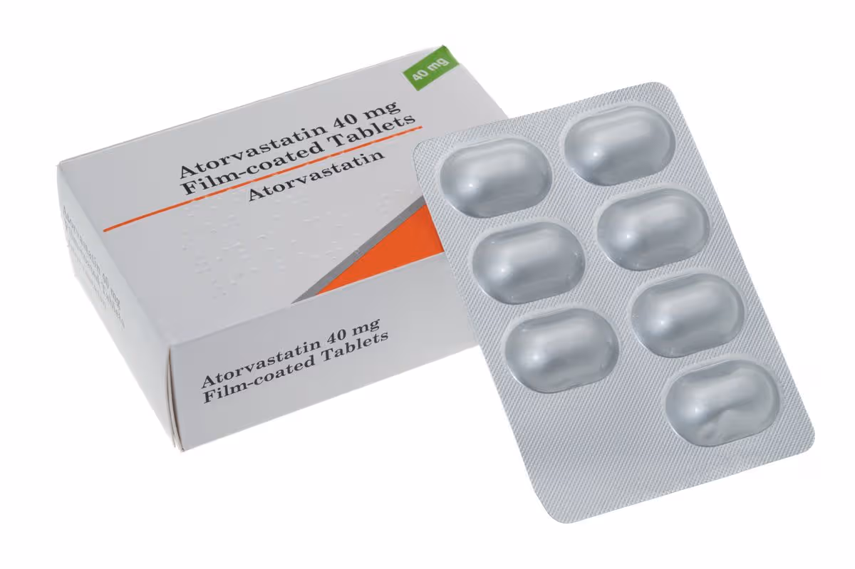 A generic box and blister pack of Atorvastatin tablets