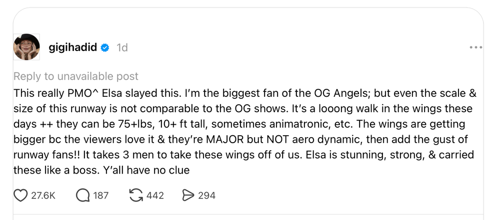 Gigi Hadid's comment discussing runway designs and the impressive scale of models' wings. Gigi Hadid's comment discussing runway designs and the impressive scale of models' wings.