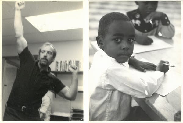 A man stretches his arms. A student at a table looks back at the camera.