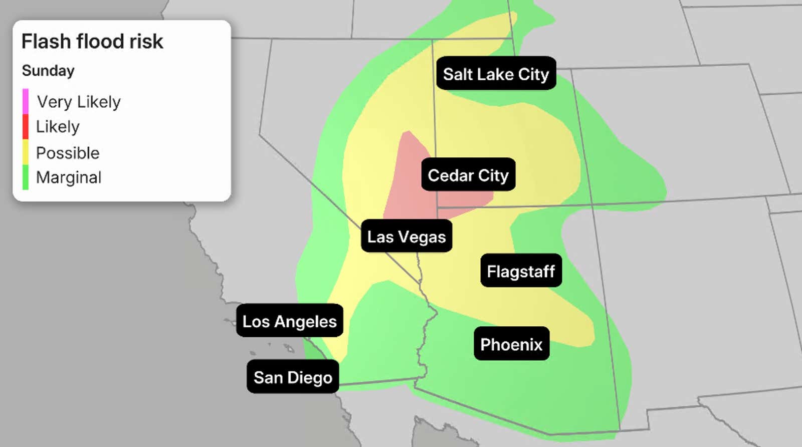 This image shows where the highest risk of flooding could occur from Rachel's remnants.