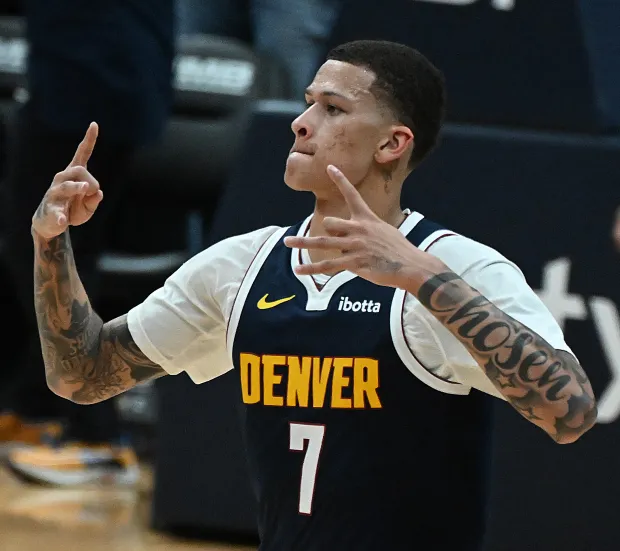 Denver Nuggets Trevon Brazile celebrates a three-pointer in overtime of the home opener against the Pelicans at Ball Arena on Saturday, Oct. 24, 2026. The Nuggets won in overtime. (Jerilee Bennett, The Gazette)