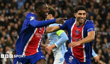 Ousmane Dembele and Achraf Hakimi celebrate PSG's goal against Manchester City