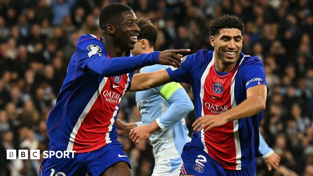 Ousmane Dembele and Achraf Hakimi celebrate PSG's goal against Manchester City