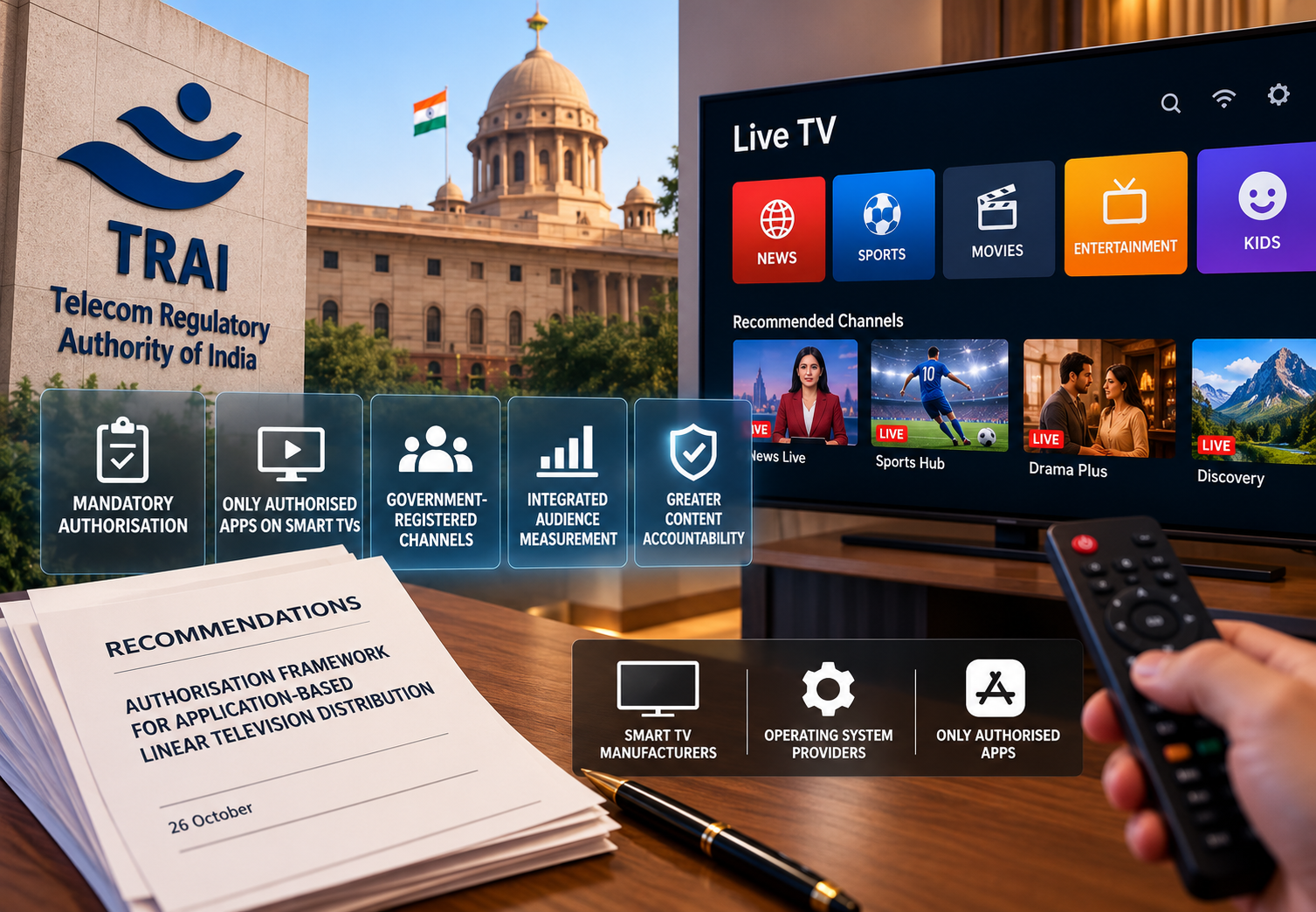 TRAI has proposed mandatory government authorisation for internet-based live-TV applications, introducing new regulatory requirements for digital television distribution, smart-TV platforms, content accountability and audience measurement.