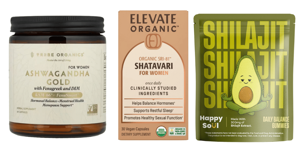 From left, Tribe Organics Ashwagandha Gold for Women, Elevate Organic Shatavari for Women and Happy Soul Shilajit Gummies From left, Tribe Organics Ashwagandha Gold for Women, Elevate Organic Shatavari for Women and Happy Soul Shilajit Gummies