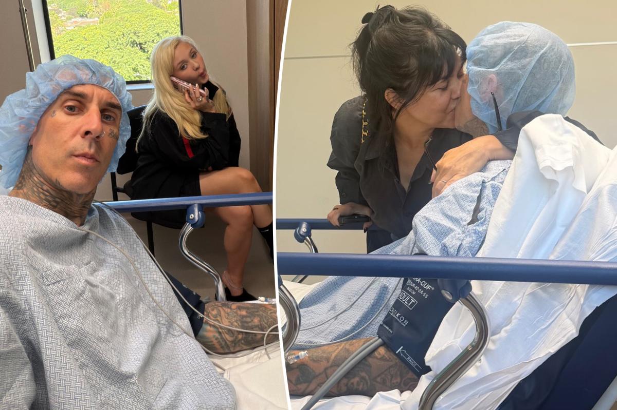 Travis Barker shares concerning hospital bed photos as wife Kourtney Kardashian stays by his side
