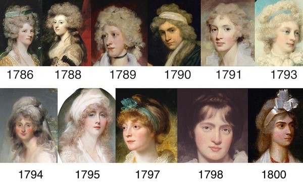 English women's hairstyles, 1786-1800 (all culled from Wikimedia Commons).