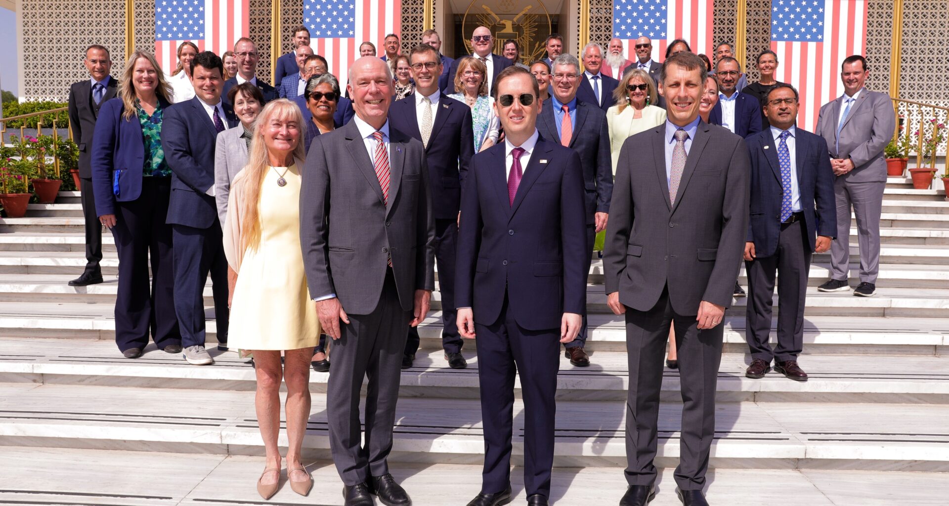 Gov. Gianforte, First Lady Gianforte, and Ambassador Gor meeting with members of the Montana delegation at the U.S. Embassy in New Delhi