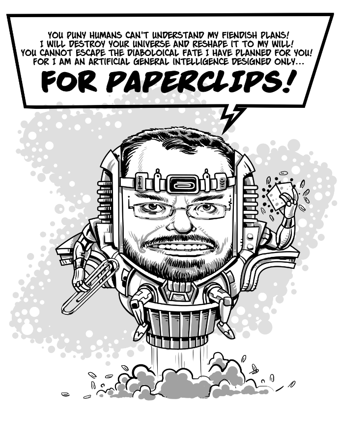 A drawing of Eliezer Yudkowsky, as the supervillain MODOK from Marvel Comics, as the paperclip optimizer. He is holding a big paperclip and a cosmic cube that is exuding paperclips, and there is Kirby Krackle behind him. Art by the incredible John Kenzie, look him up!