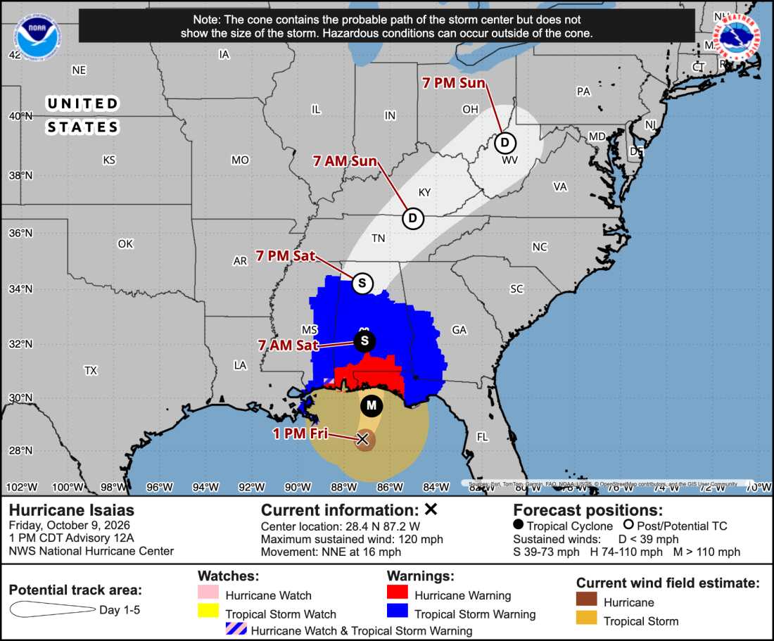 A prediction cone shows the likely path of Hurricane Isaias as it barrels toward the northern Gulf Coast. Forecasters say the storm will make landfall Friday night. National Oceanic and Atmospheric Administration