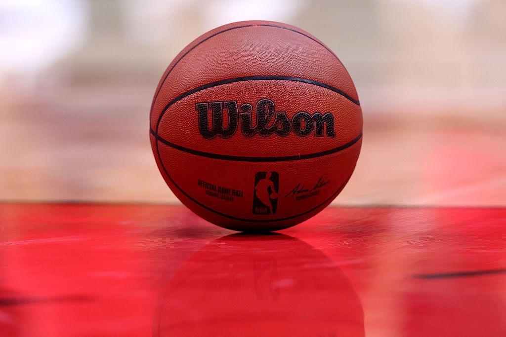 A general view of the official game ball during the game between the Los Angeles Lakers and the Houston Rockets at Toyota Center on April 24, 2026 in Houston, Texas.