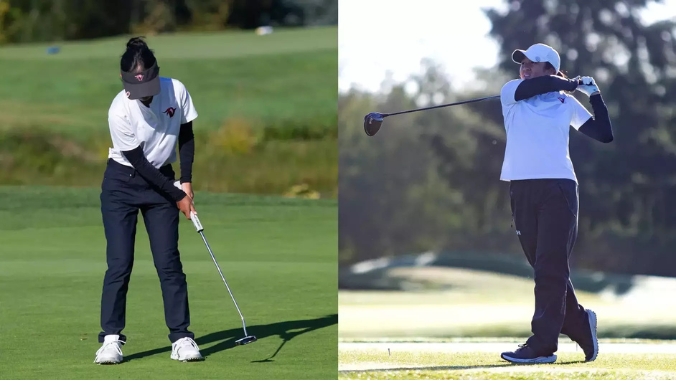 two women with golf clubs