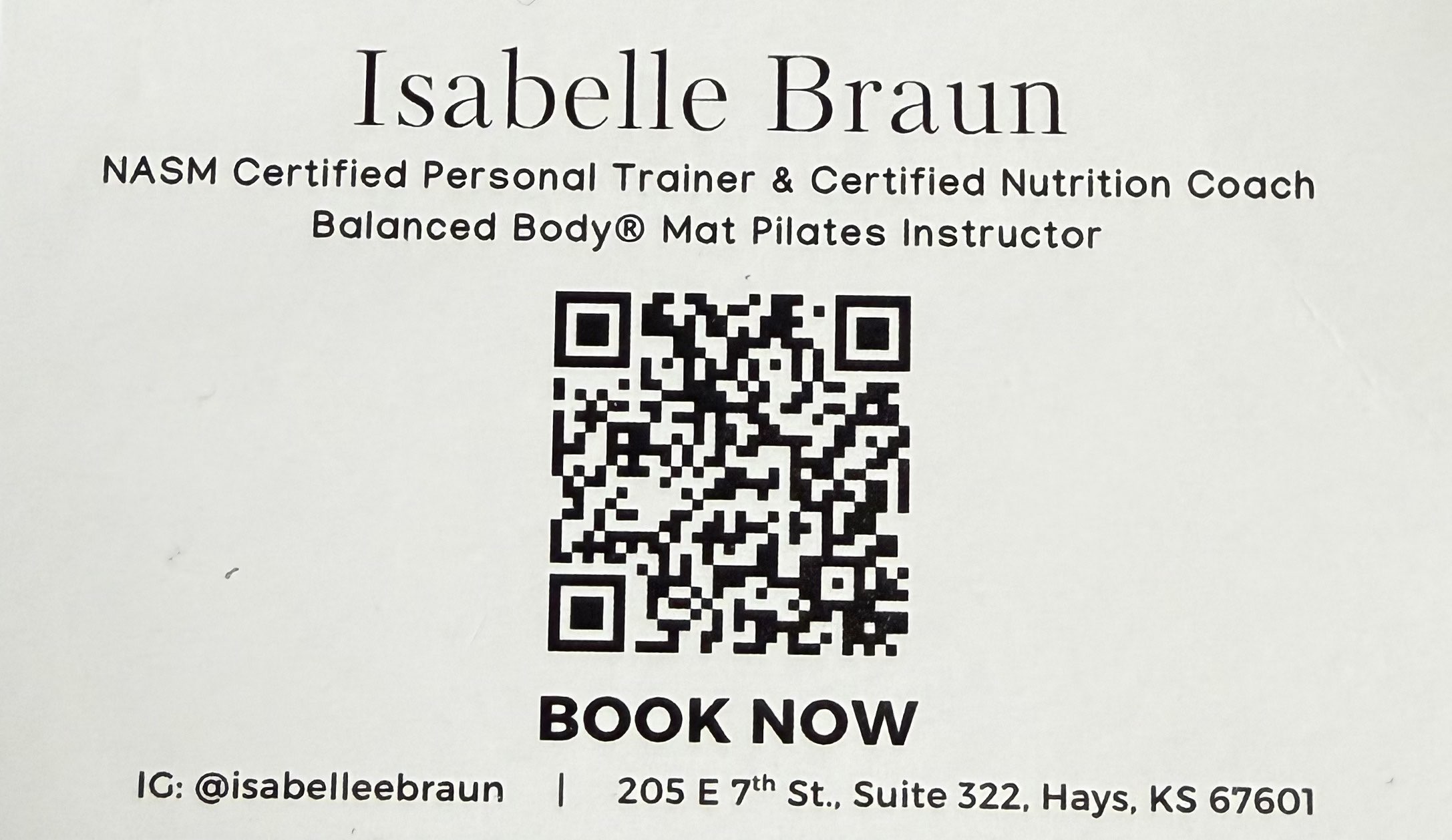 Isabelle Braun personal business card that includes a QR code that is available to scan to set up appointments at PS Studios by Isabelle.