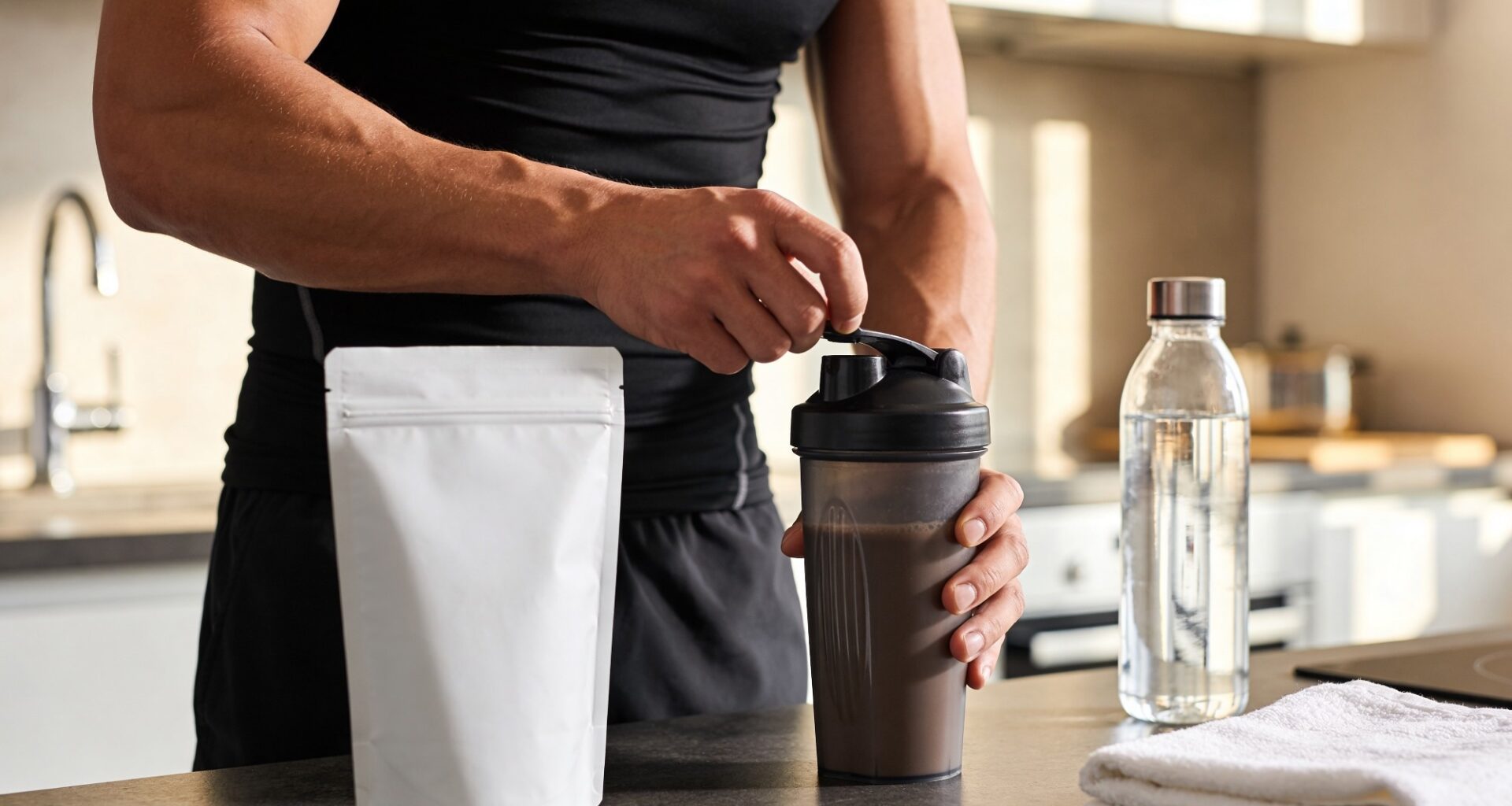Athletic man preparing protein supplement drink during fitness training session in gym