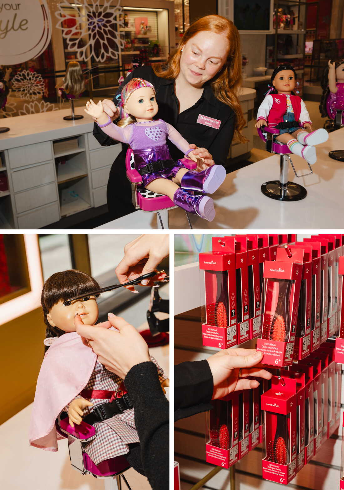 Top photo: Caley Aristy adjusts the arms of a doll seated in a salon chair. Left photo: Emily Friedrichsen holds scissors as she trims the brown bangs of Samantha Balaban's doll, which is seated in a salon chair. Right photo: Doll hairbrushes with metal bristles are for sale at American Girl Place.