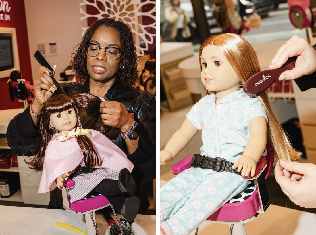 Left photo: Amanda Holder uses a comb to style the brown hair of another Samantha doll. Right: Caley Aristy uses a hairbrush to brush a doll's long, straight hair at the salon.