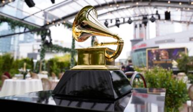 A decorative grammy is seen before the start of the 63rd annual Grammy Awards at the Los Angeles Convention Center on March 14, 2021. AP-Yonhap