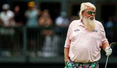 John Daly reacts to his second chip at the 16th hole during round 2 of the Kaulig Companies PGA Championship, July 10, 2026, at Firestone Country Club in Akron, Ohio.