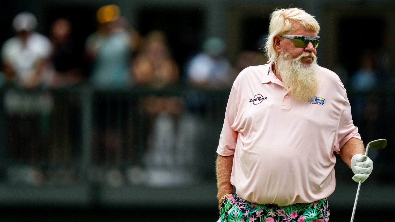 John Daly reacts to his second chip at the 16th hole during round 2 of the Kaulig Companies PGA Championship, July 10, 2026, at Firestone Country Club in Akron, Ohio.