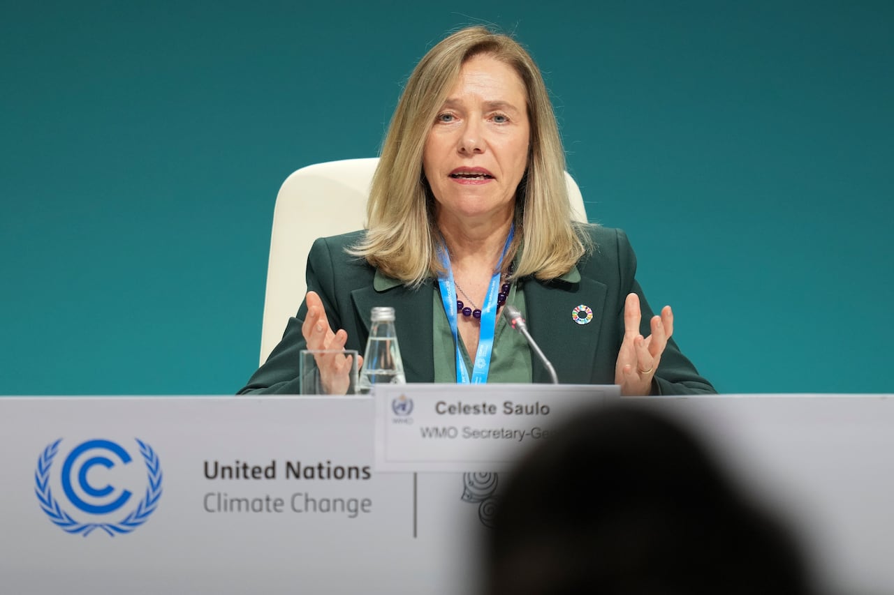 Celeste Saulo, World Meteorological Organization secretary-general, speaks during a session at the COP29 U.N. Climate Summit, Monday, Nov. 11, 2024, in Baku, Azerbaijan.