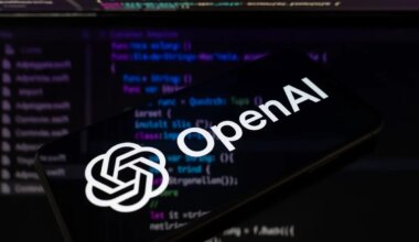 The OpenAI logo is displayed on a smartphone screen placed on a reflective surface onto which lines of computer code.