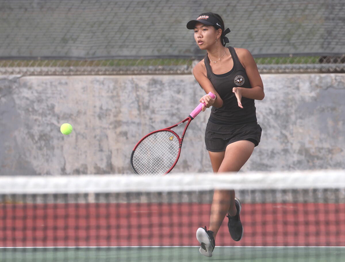 Doubles player Haley Dang of Huntington Beach steps into a forehand against Newport Harbor on Thursday.